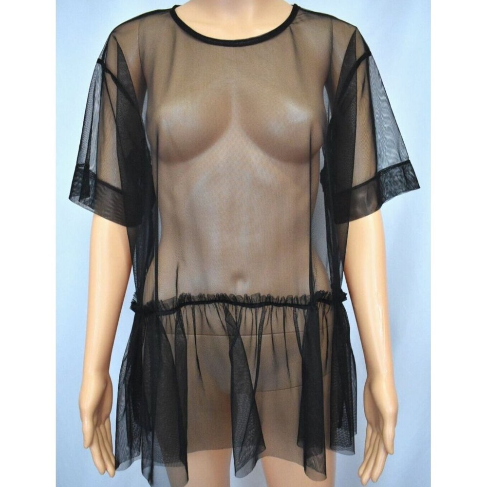 Zara Black Sheer Mesh Peplum Blouse Top Women's Size Medium Whimsy Fairy Goth